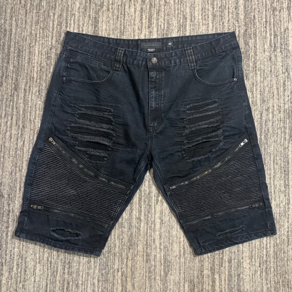 Decibel Distressed Ripped Denim Moto Shorts Zippers‎ Black Mens Size 42